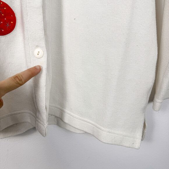 VTG 90s White Christmas Holiday Ornament Ribbon Snowflake Black Collar Cardigan - Picture 3 of 5